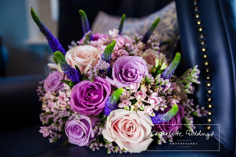 bridal bouquet mixture of cream and purple flowers - shropshire wedding photographer