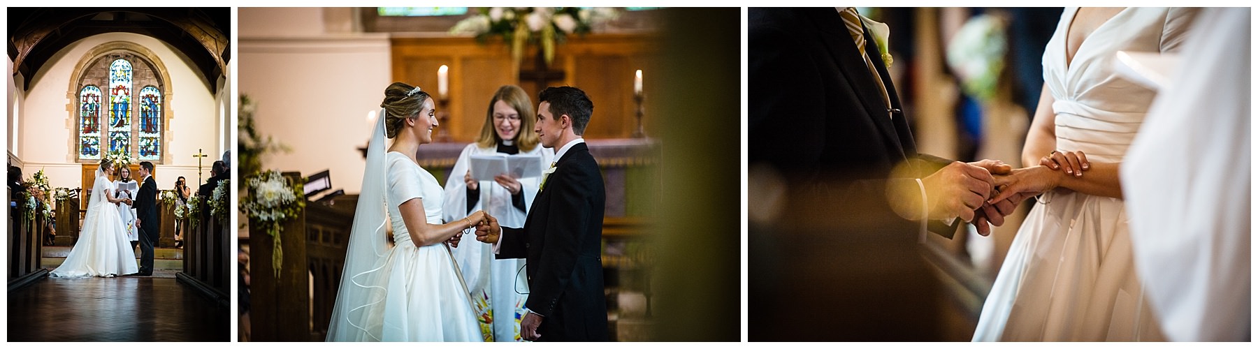 bride and groom exchanging rings in burleydam church, shropshire