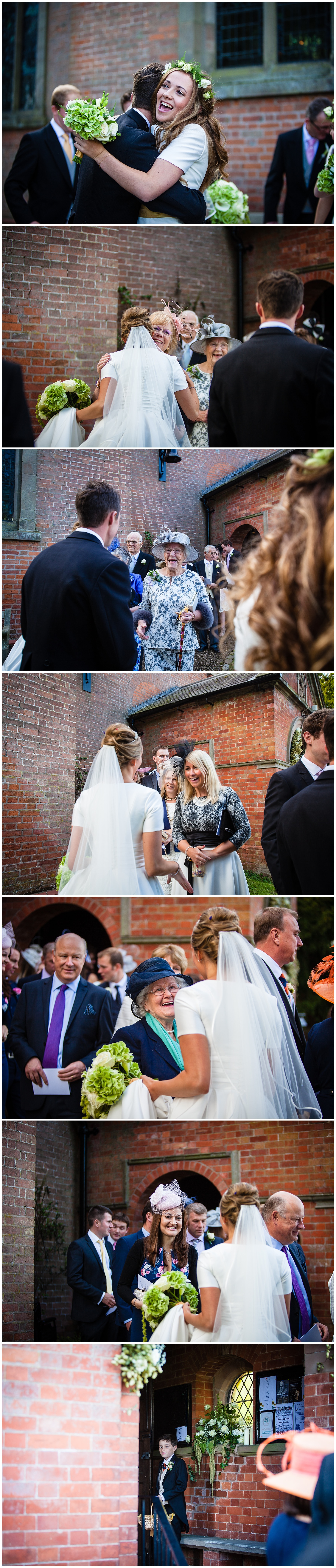 guests excited to say hello to bride and groom at burleydam church, shropshire marquee wedding
