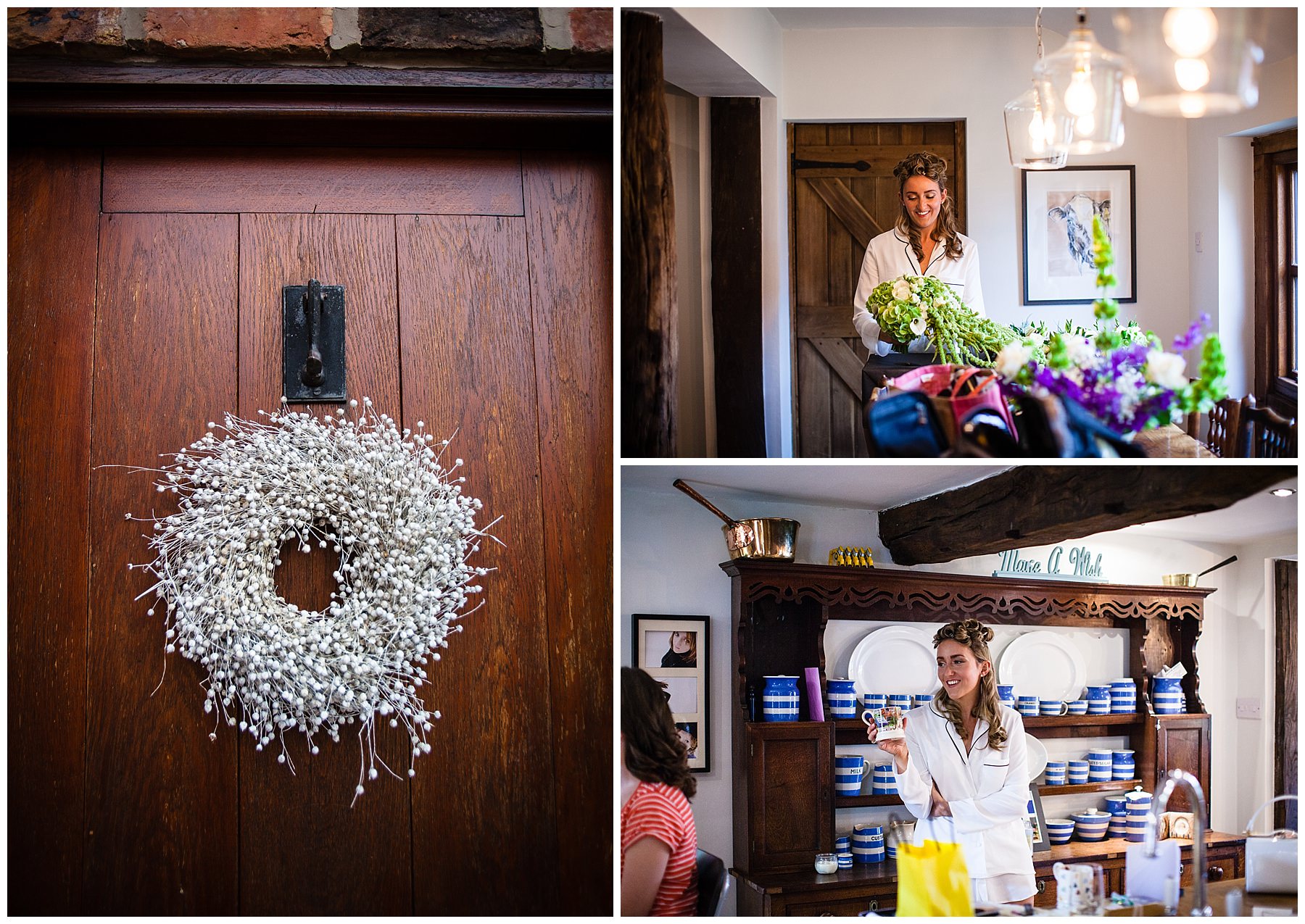 bride looking at her beautiful bouquet at home in shropshire - Autumnal Wedding Shropshire