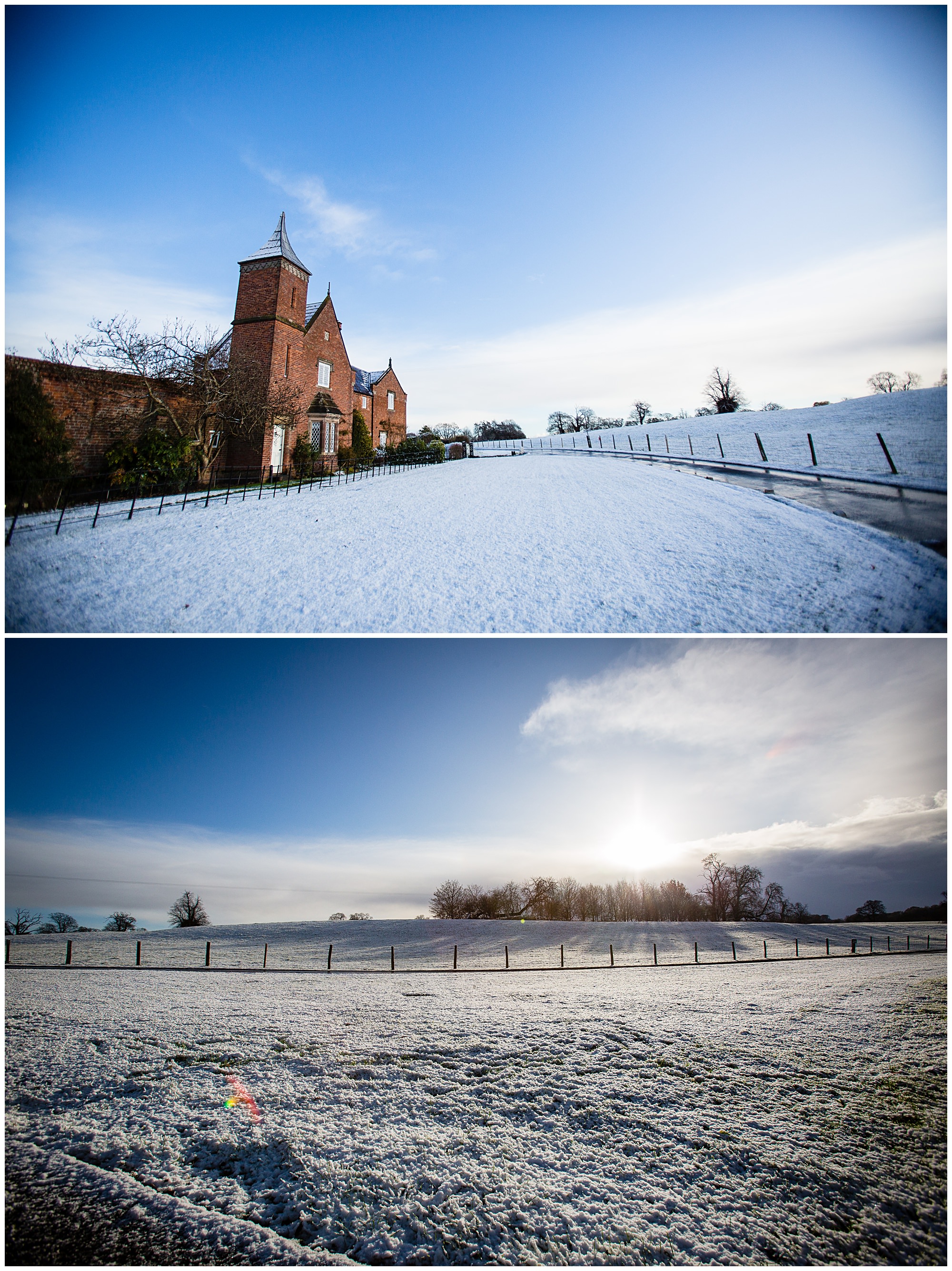 snow around the cottages at comberemere abbey - Shropshire Wedding Venues in the Snow