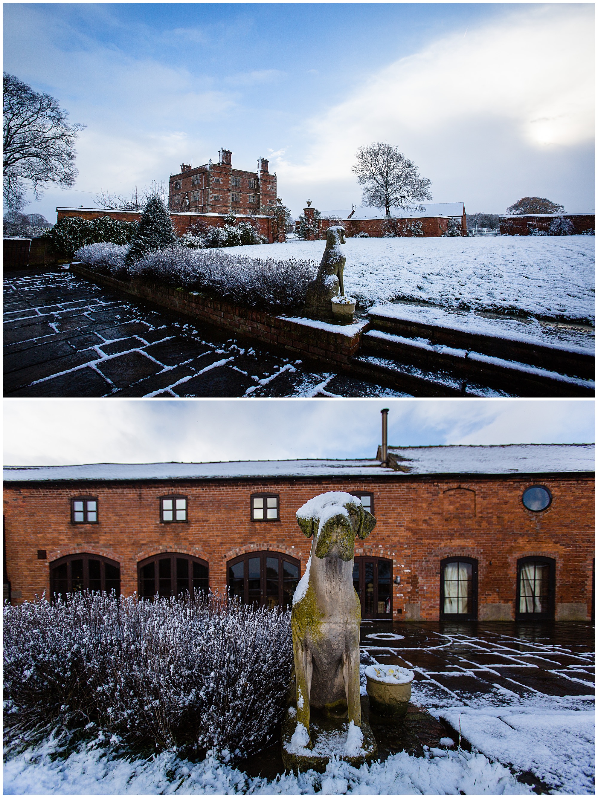 snowy statues at soulton hall, wem shrewsbury