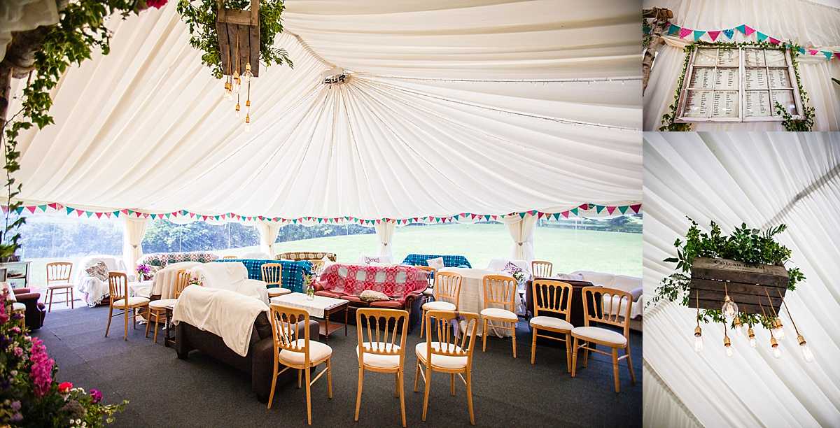sofa seating area in the marquee, hand made seating plan and crate and foliage lighting