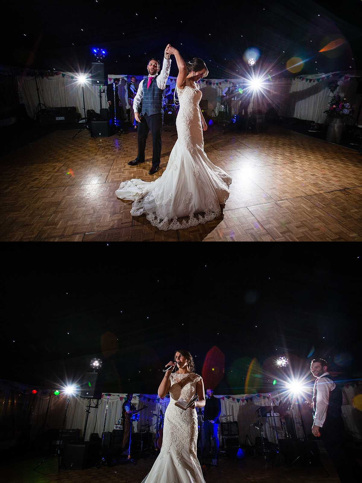 bride and groom turning around and signing during their first dance at their marquee wedding in wales