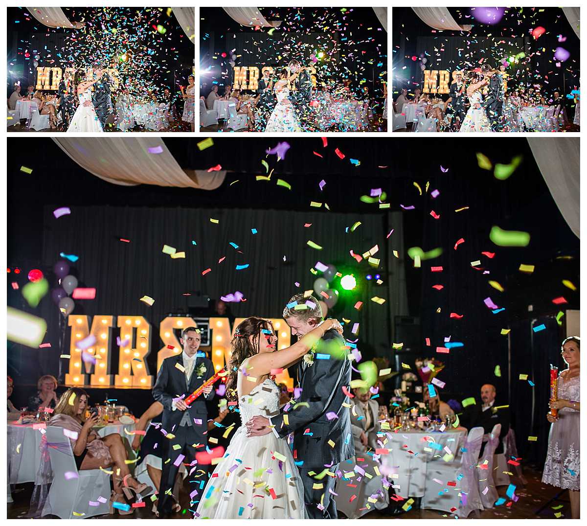 confetti canons set off during first dance showing lots of colour and great reactions