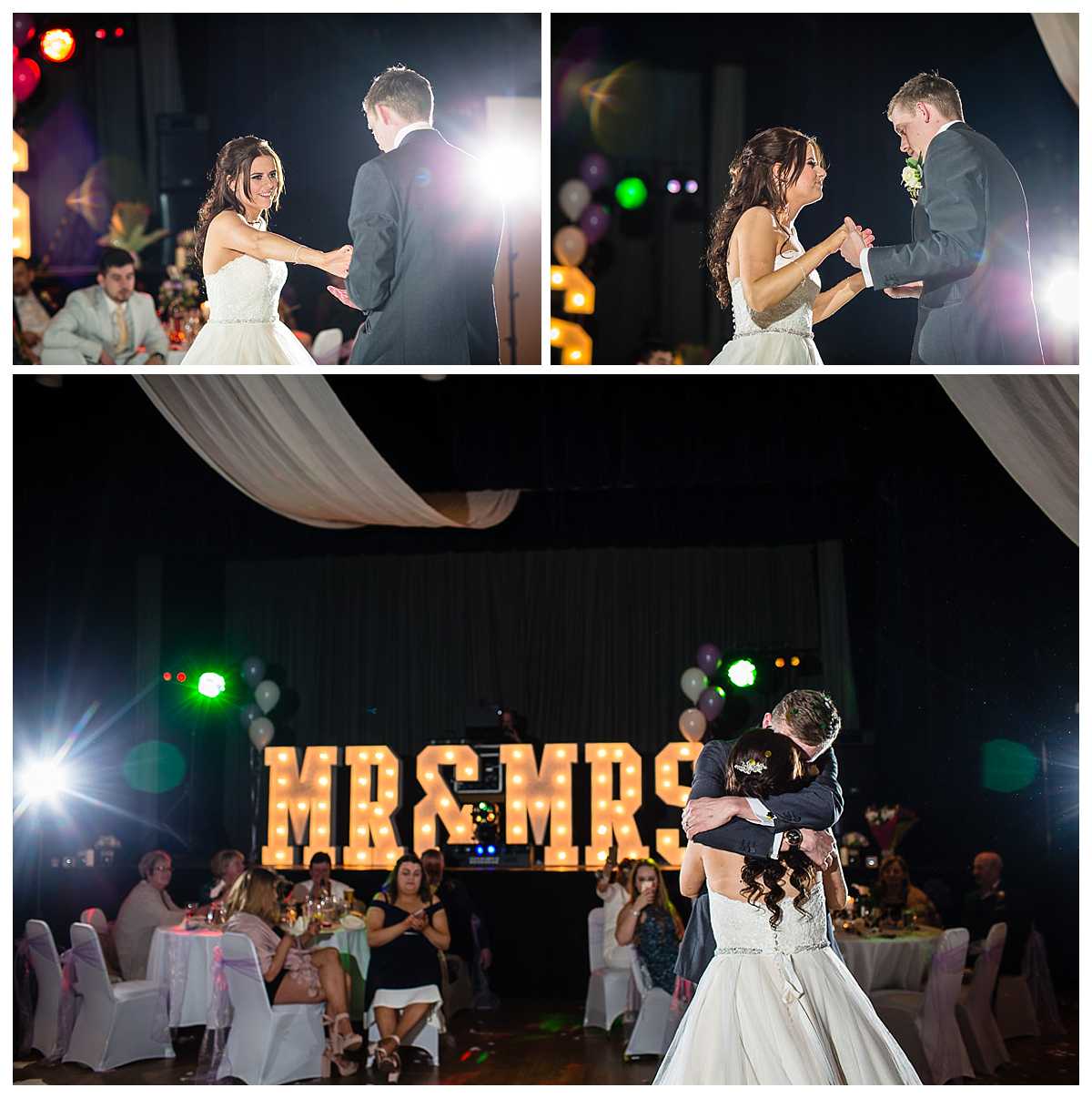 bride and groom looking at each other during their first dance at the civic centre, whitchurch shropshire