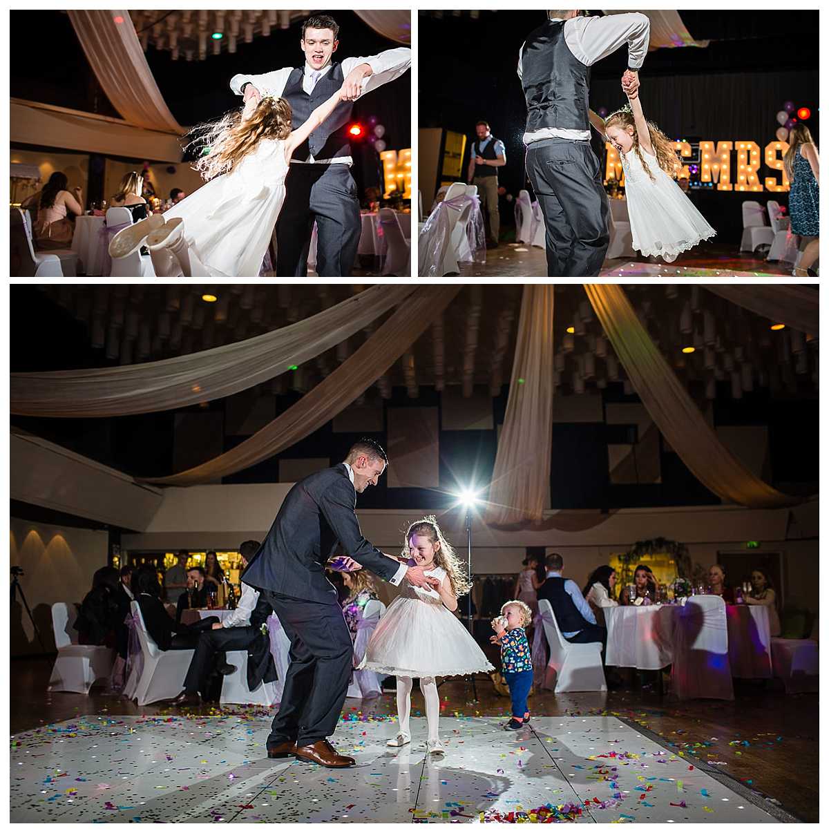 flower girl being swung around during the evening having fun during the reception