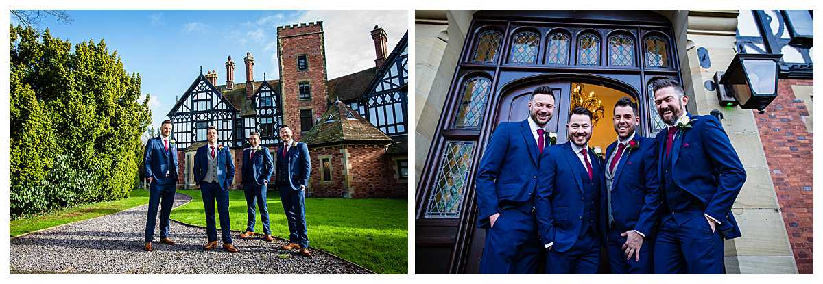 groom and groomsmen in navy suits outside tyn dwr hall on a sunny winter day