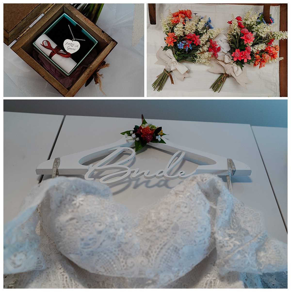 brides wedding dress hanging on personalised bride hanger and necklace gift from husband 