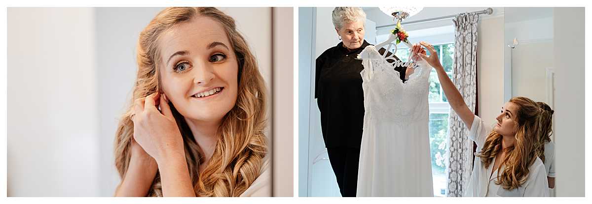 bride putting earrings in and getting wedding dress to put on, shropshire wedding photographer