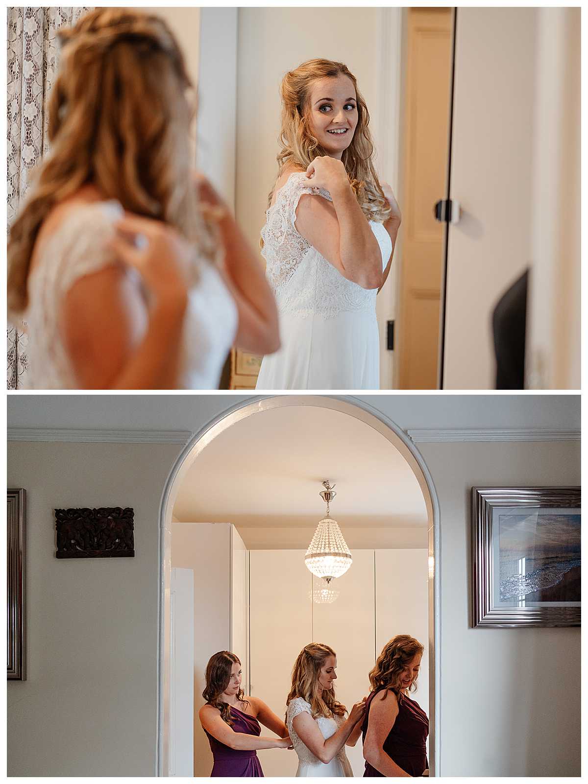 bride and bridesmaids helping each other put on dress for wedding at marbury church, whitchurch, shropshire