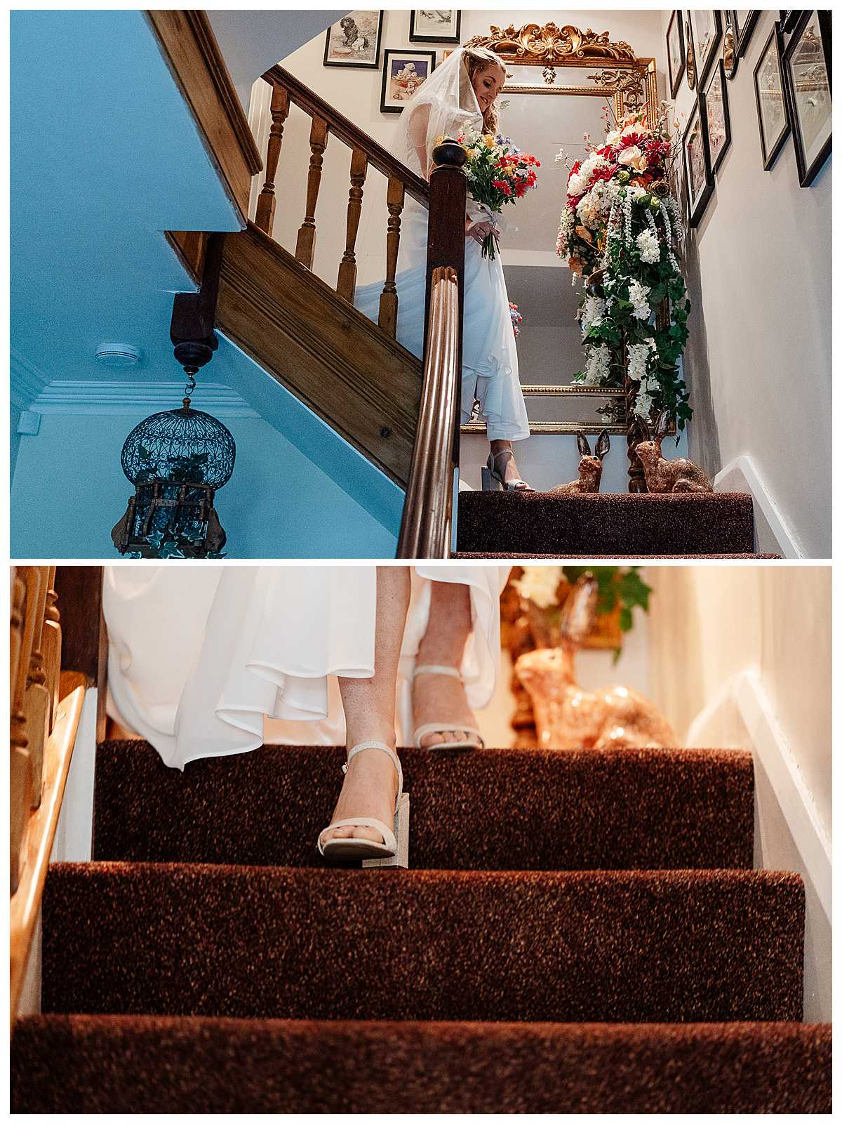 bride making her way down the stairs to go and see her dad for the first in wedding dress in the kitchen