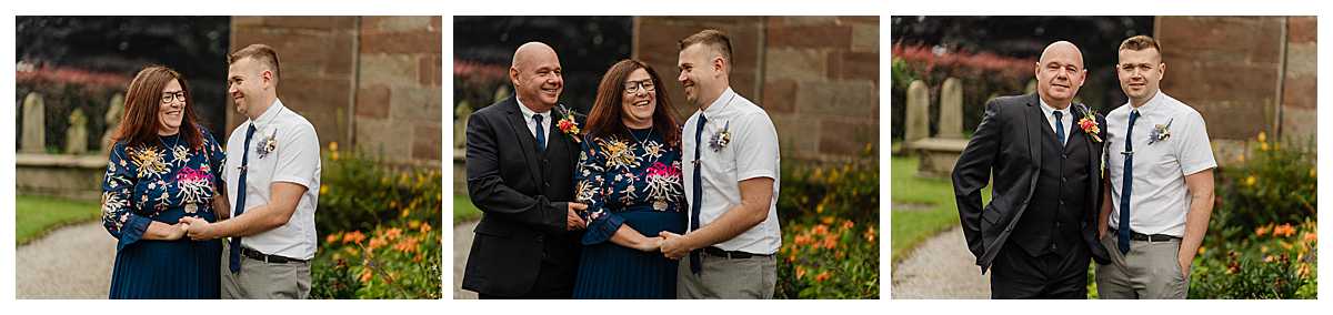 groom with his parents giggling outside marbury church shropshire 