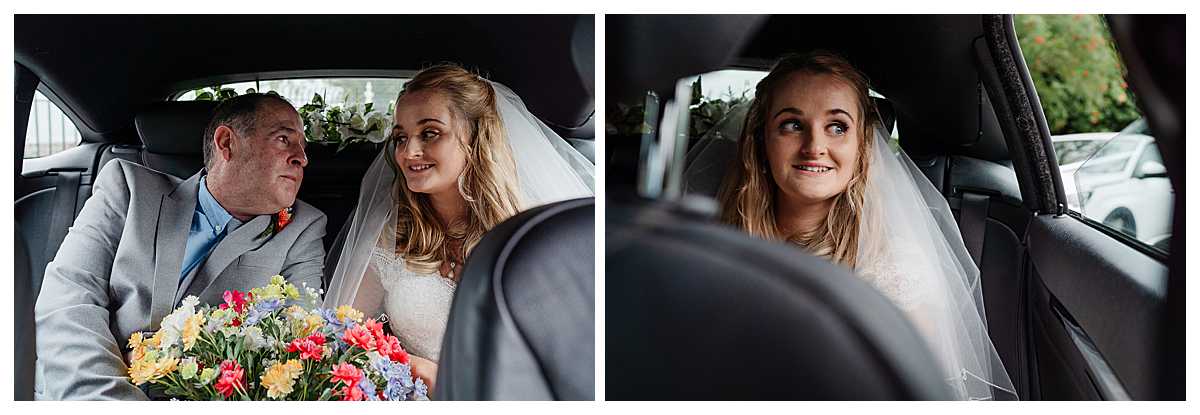 bride arriving with dad in wedding car at marbury church whitchurch, shropshire