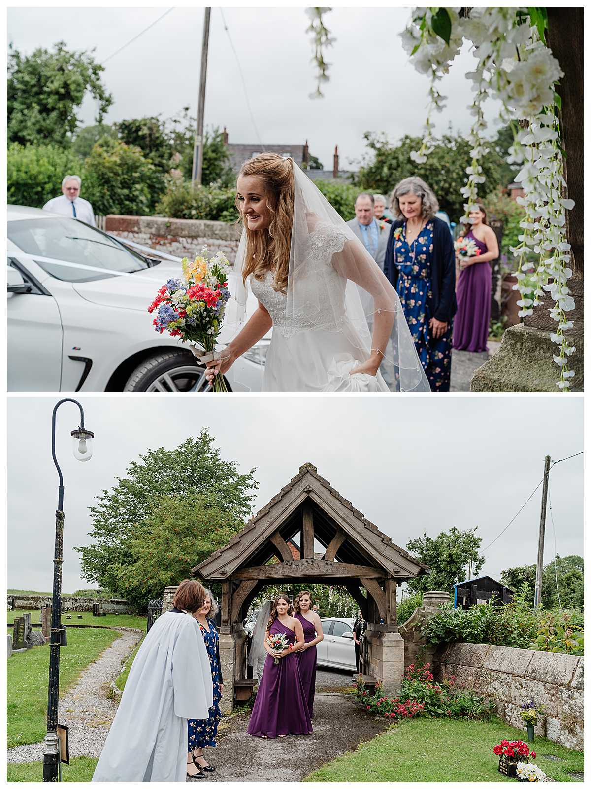 bride excited making her way into church down the park at marbury church whitchurch - charlotte giddings photography