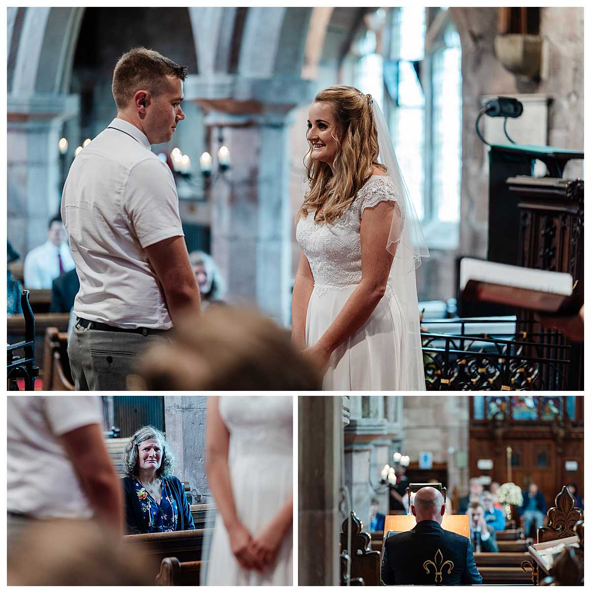 bride and groom looking at each other excited as they get married in marbury church, whitchurch, shropshire