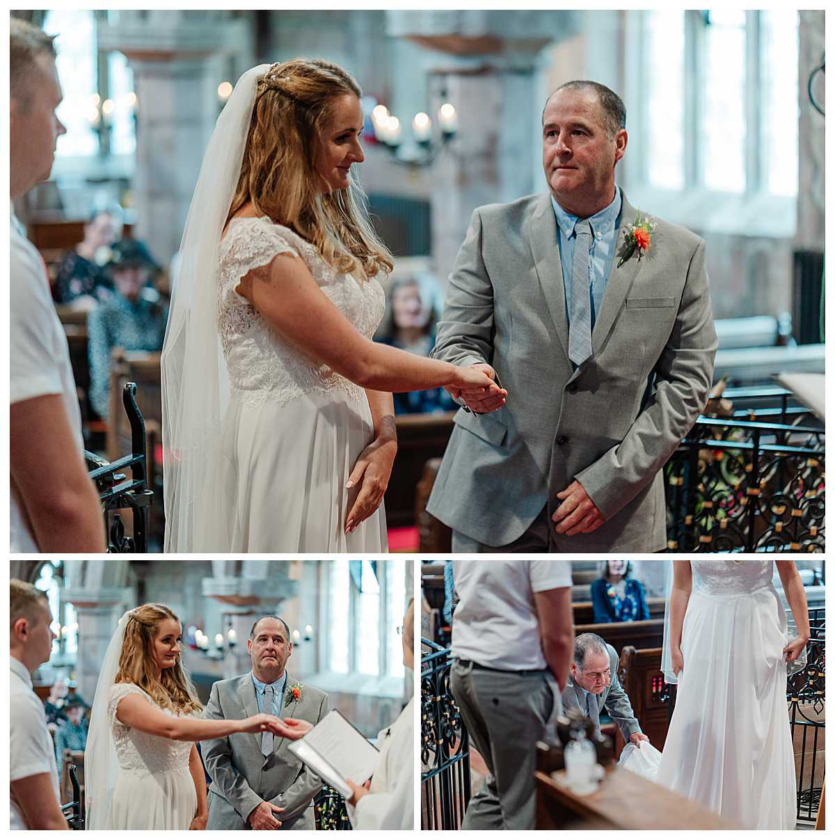 emotional dad handing over his daughters hand to the groom, marbury church shropshire