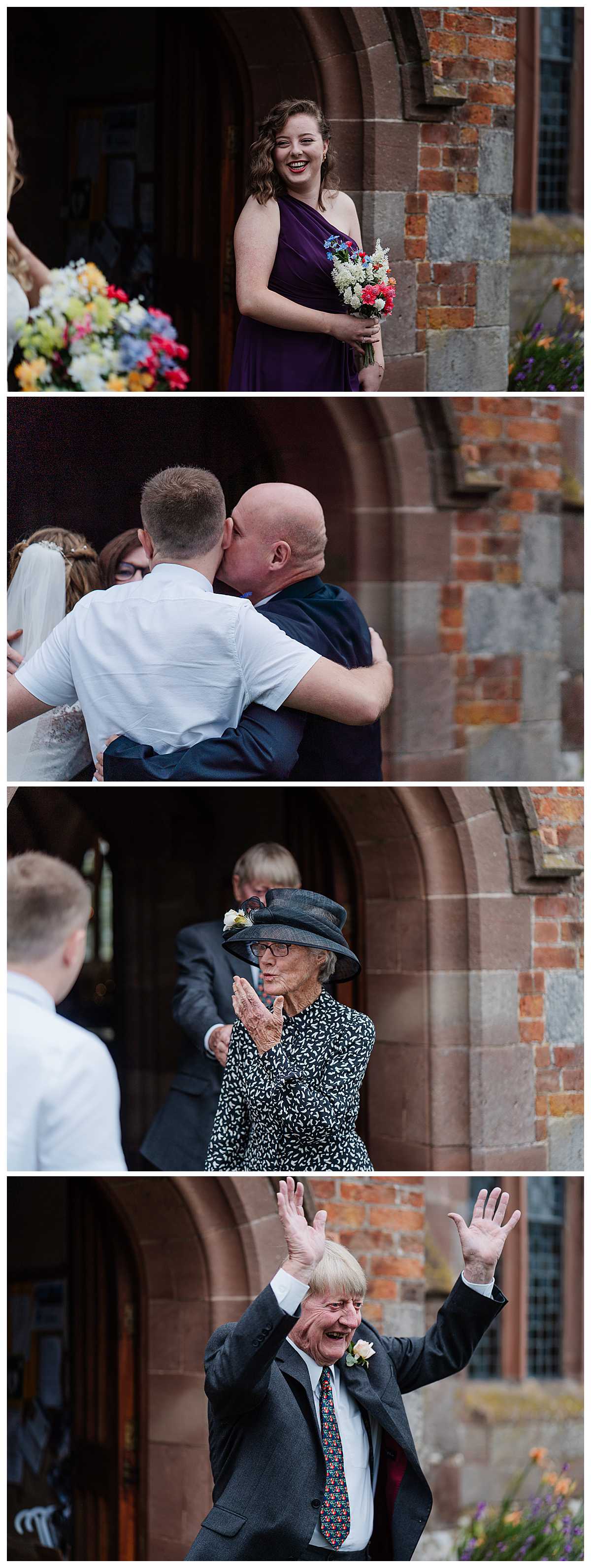 wedding guests waving and blowing kisses to the happy couple as they come out of church, social distancing 