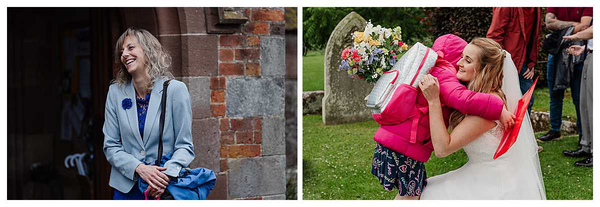 bride exchanging a cuddle with her niece after she got married at marbury church whitchurch shropshire