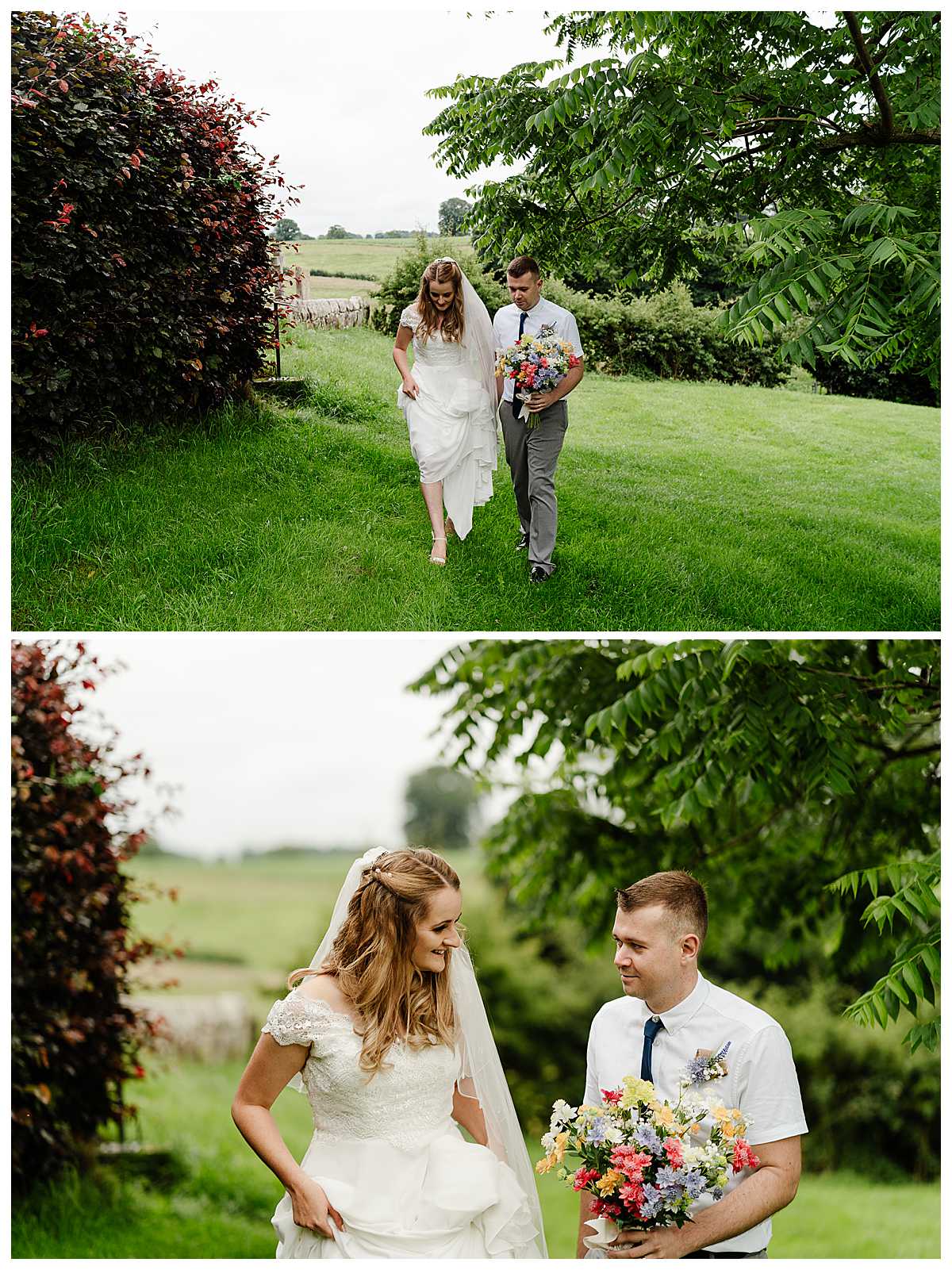 bride and groom walking through the field at marbury church whitchurch 
