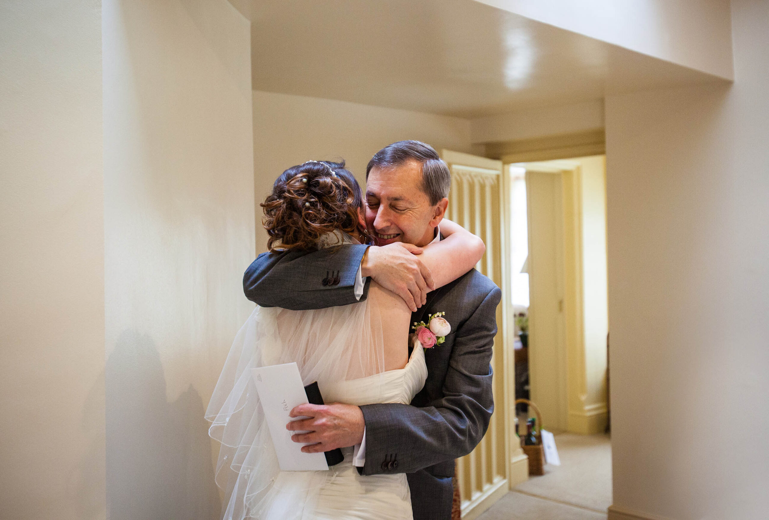 Father first look of daughter at wedding at Combermere Abbey - Keepers Cottage 