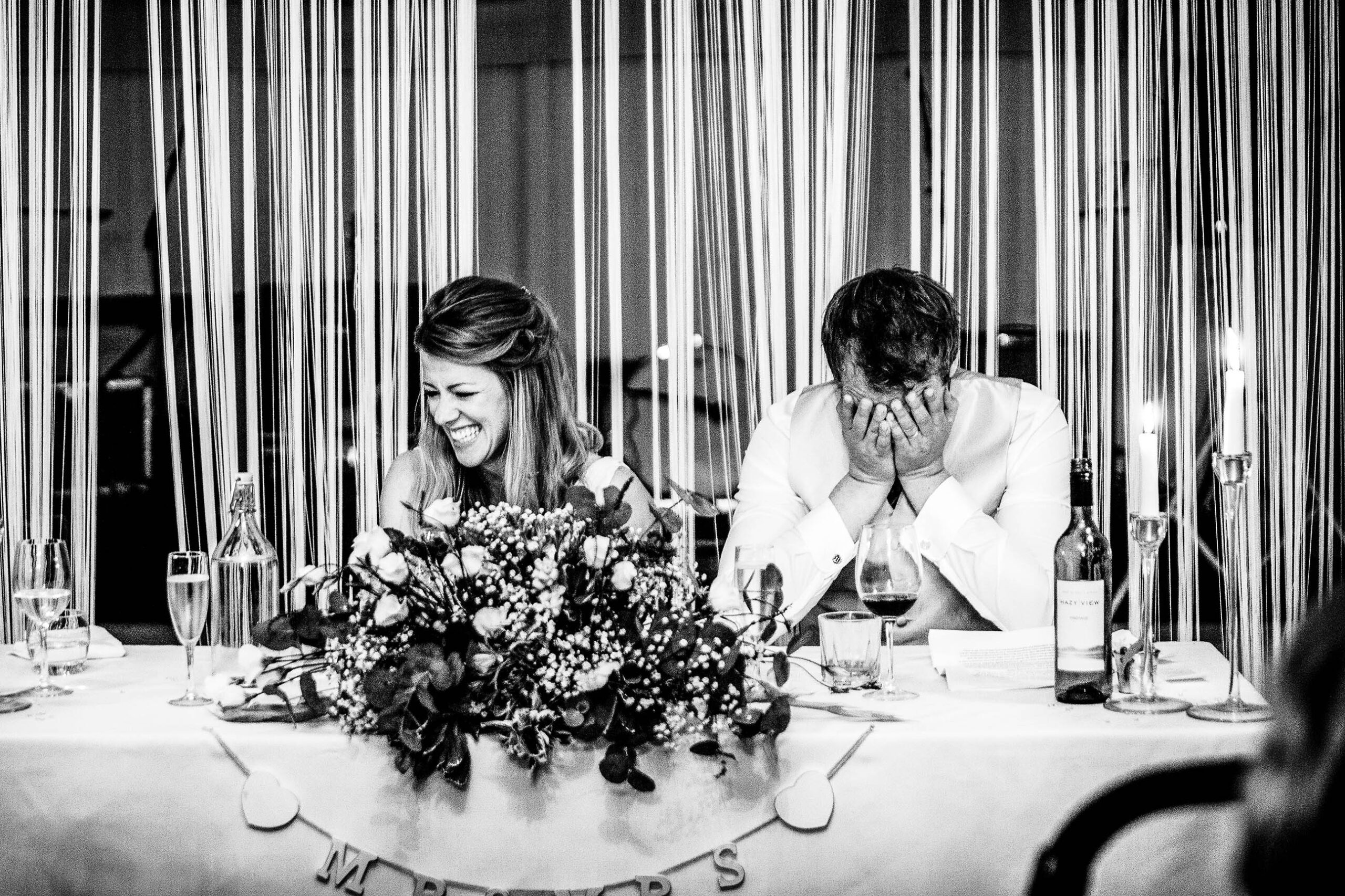 Speeches in the Pavilion at Combermere Abbey, Bride and Groom laughing out loud