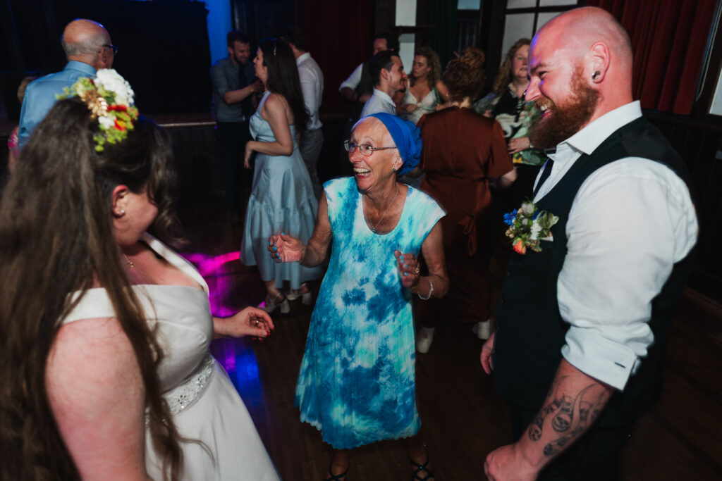 Bride and Groom dancing with nanna at Wistanstow Village Hall / Shropshire Wedding Photography