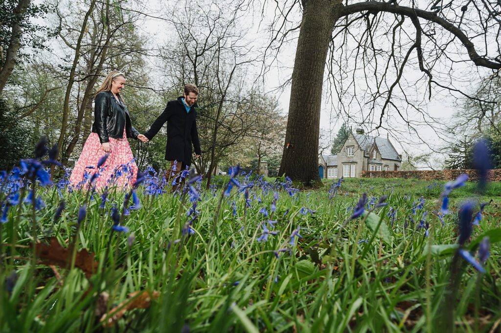 Bride and Groom to be romantically walking holding hands through the bluebells with the cottages in the background at Combermere Abbey
