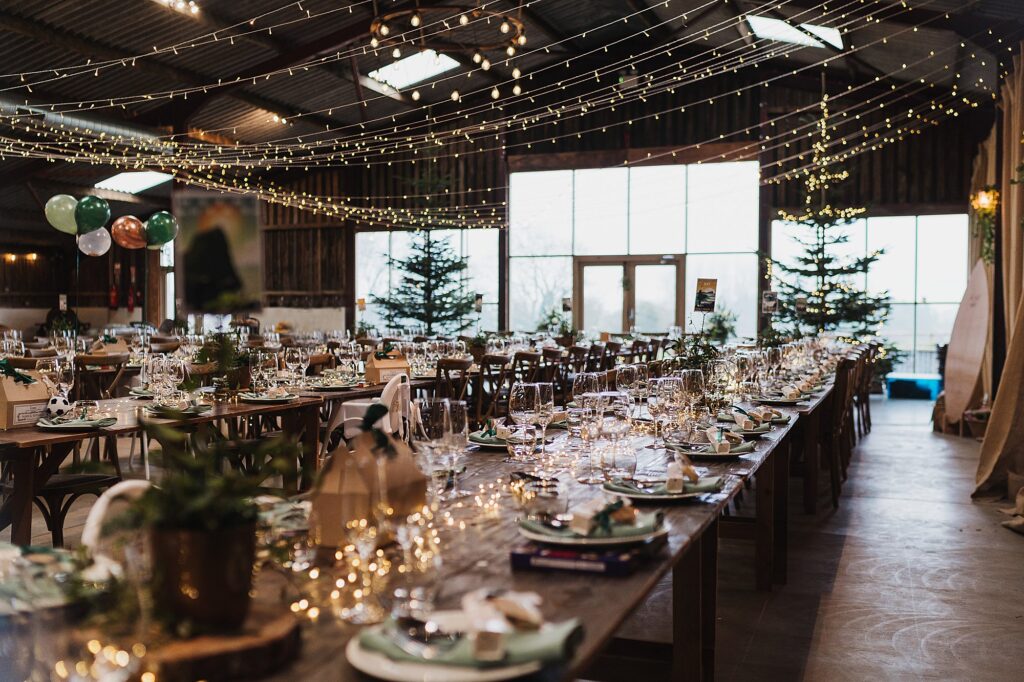 Grange Barn Wedding Reception with a Christmas theme all set up // Grange Barn Winter Wedding
