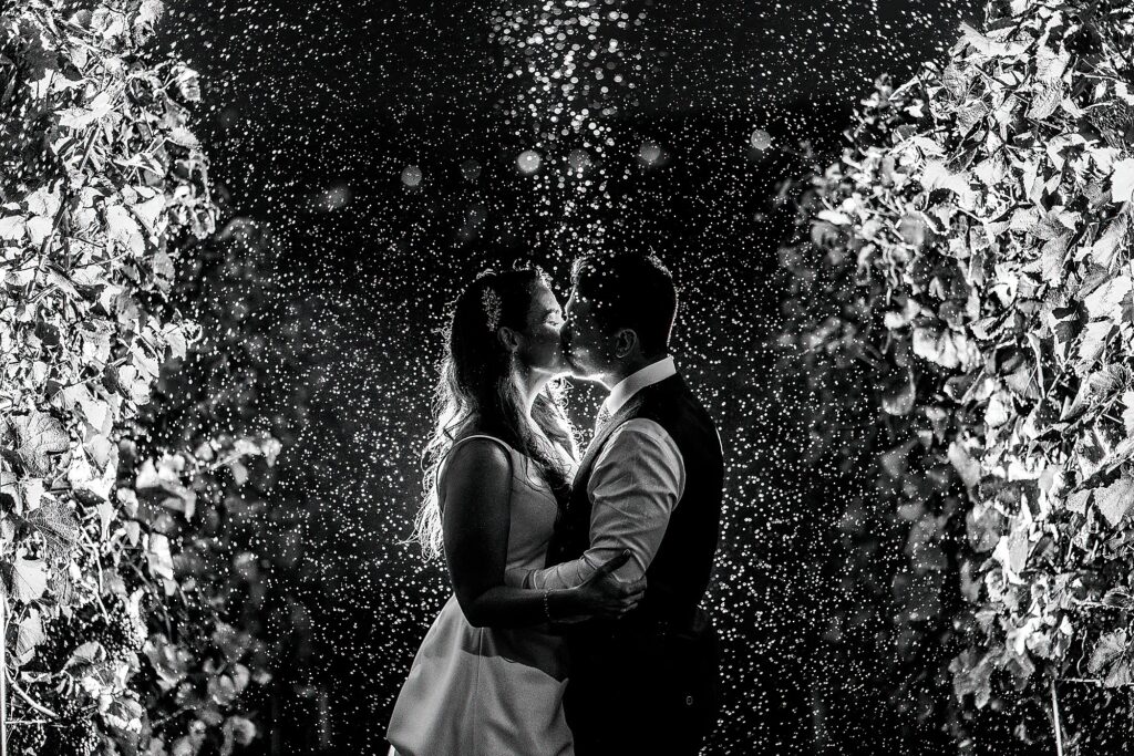 Bride and Groom kissing in the rain and amongst the vineyard at Hencote Vineyards Shrewsbury // Wedding Photographer Shropshire