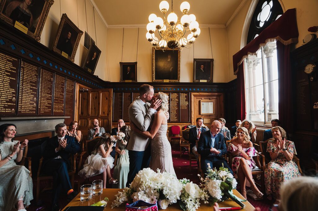Bride and Groom kissing at the end of the ceremony at Chester Town Hall // Chester Town Hall Wedding Photographer