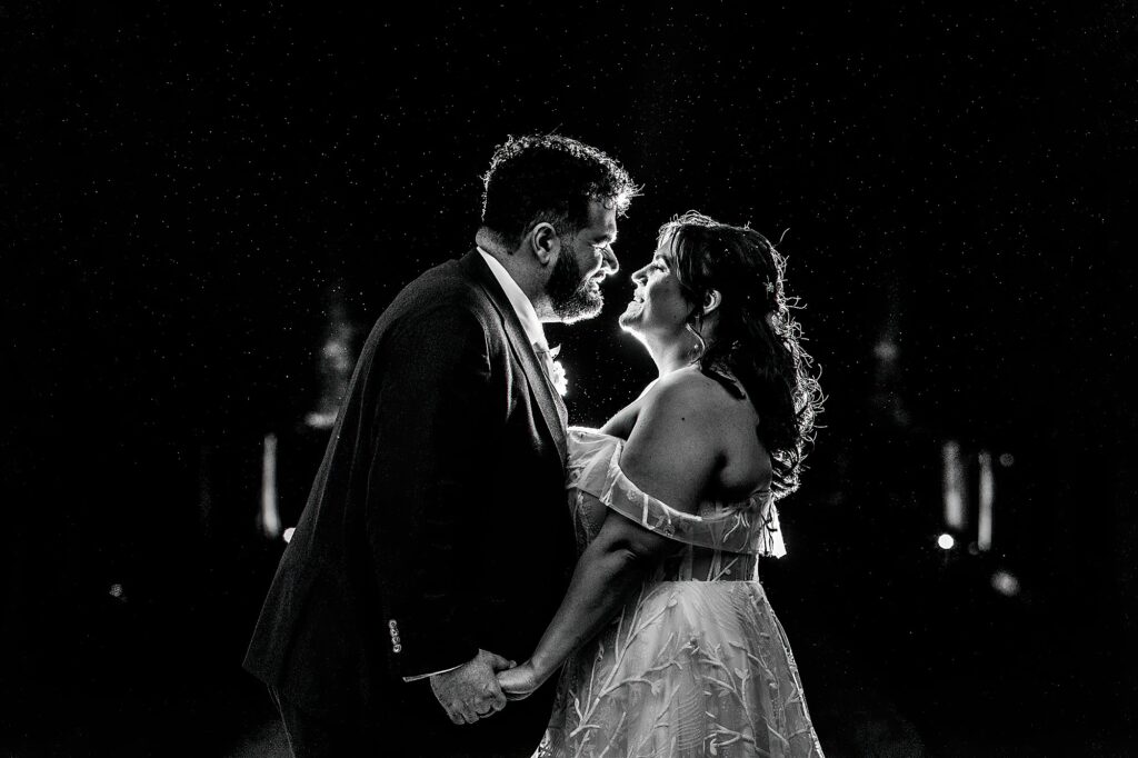 Bride and Groom night time portrait in the gardens at Combermere Abbey